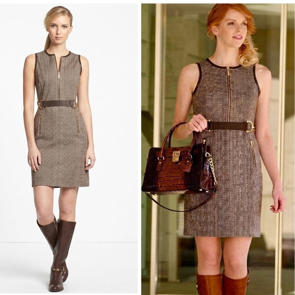 Michael Kors Herringbone Sheath Dress Chocolate Brown Faux Leather Trim 10 NWT